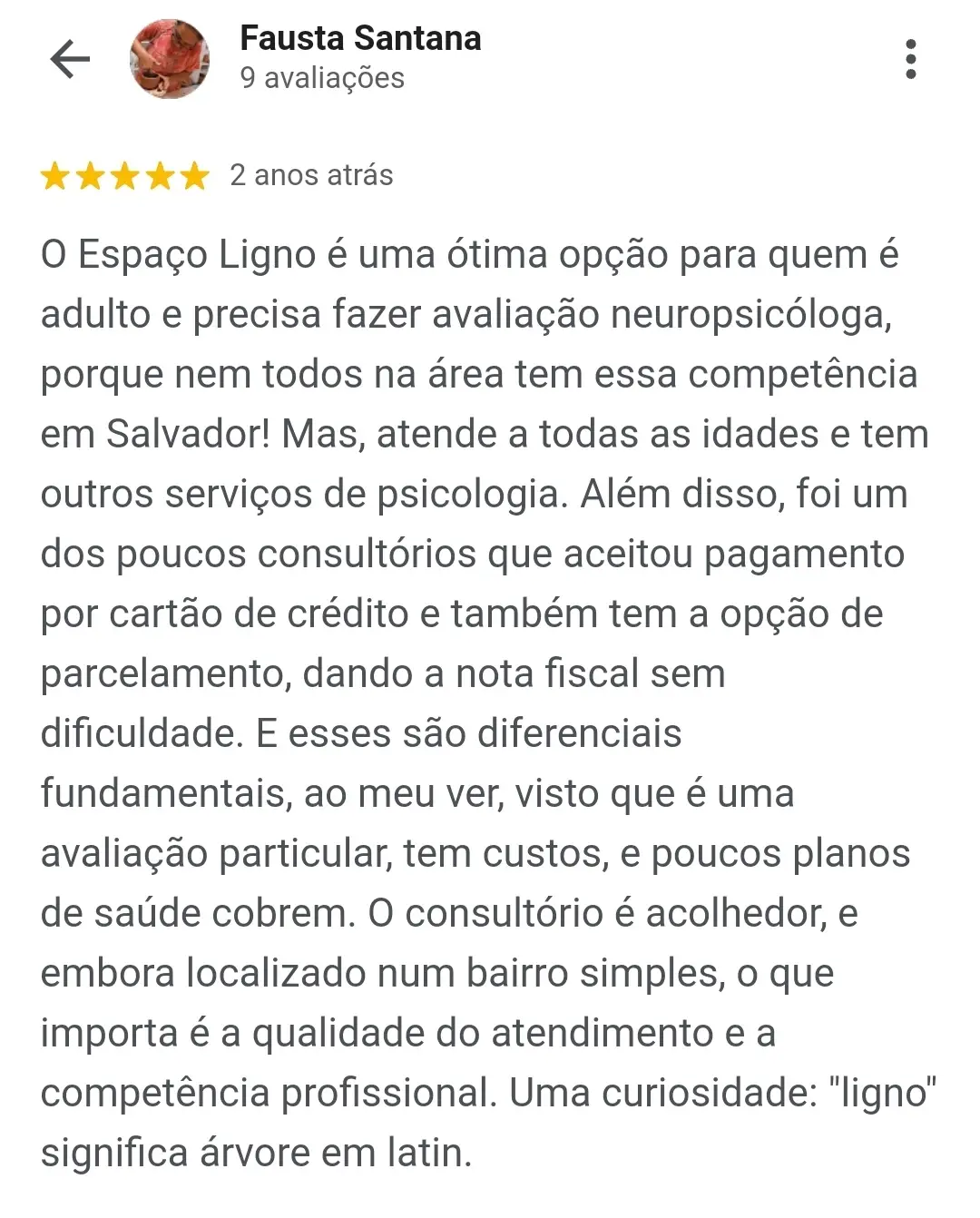 Depoimento Fausta Google Ciro Guedes Espaço Ligno Avaliação Neuropsicológica em Salvador