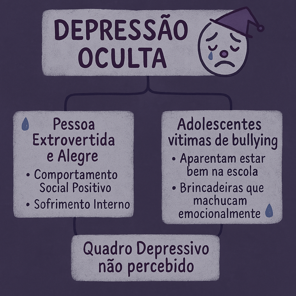 Diagrama mostrando como a depressão pode estar oculta em pessoas socialmente felizes e adolescentes vítimas de bullying”
